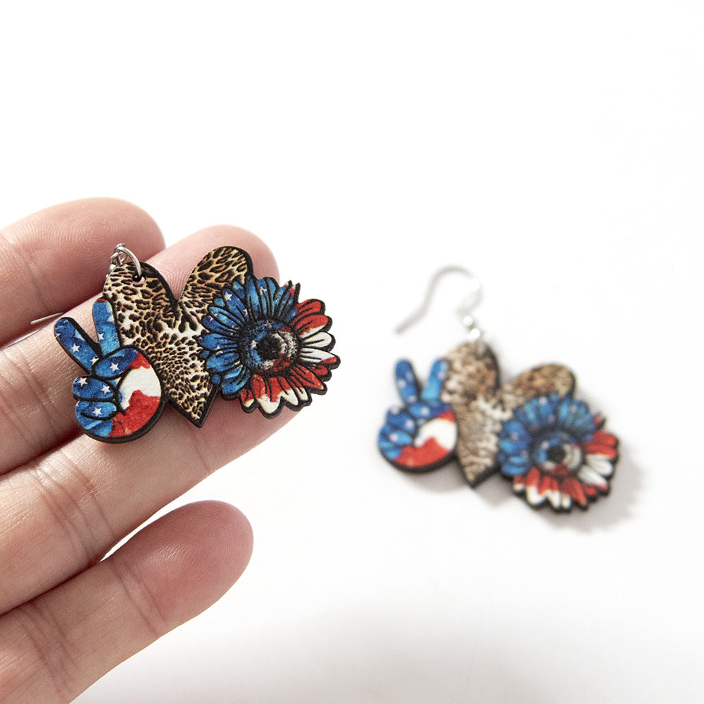Wholesale Love Leopard Pattern Star Stripe Sunflowers Victory Independence Day Double Sided Wooden Earrings